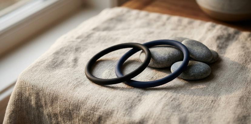 Svarta och mörkblå penisringar i silikon på linnetyg med stenar